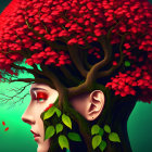 Female figure with tree hair, leaf beard, red blossoms on green background