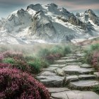 Tranquil Landscape: Stone Path, Meadow, Snow-Capped Mountains