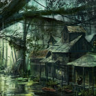 Tranquil dusk scene at bayou with moss-draped trees, rustic dock, cabin on