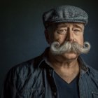 Elderly gentleman with distinguished mustache in flat cap and coat against colorful leaf-like patterns