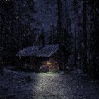 Tranquil forest scene under full moon and snow-covered trees