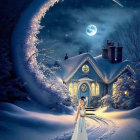 Winter night scene: Cloaked figure walking to cozy cottage under starry sky