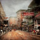 Detailed vintage street scene with ornate buildings and classic cars under cloudy sky