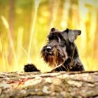 Black and white dog with bushy beard in autumn setting among colorful leaves