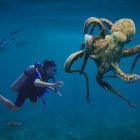 Underwater scene: Divers and large octopus observation