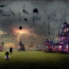 Gothic scene with silhouetted figures, haunted houses, bats, and lightning