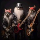 Three cats in musician attire with guitars on dark background