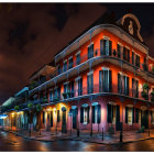 Nighttime Street Scene with Classic Three-Story Building and Vintage Street Lamps