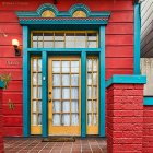 Colorful painting of blue and yellow door in red brick wall with lanterns and potted plant