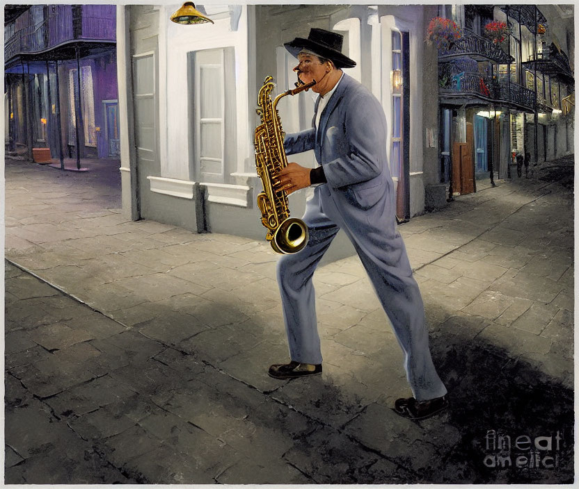 Man in Blue Suit Playing Saxophone in Vintage Street Scene