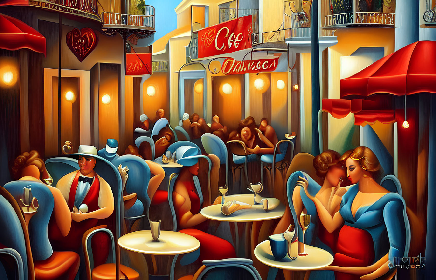 Vibrant painting of bustling outdoor cafe scene with romantic couple dining under warm lights