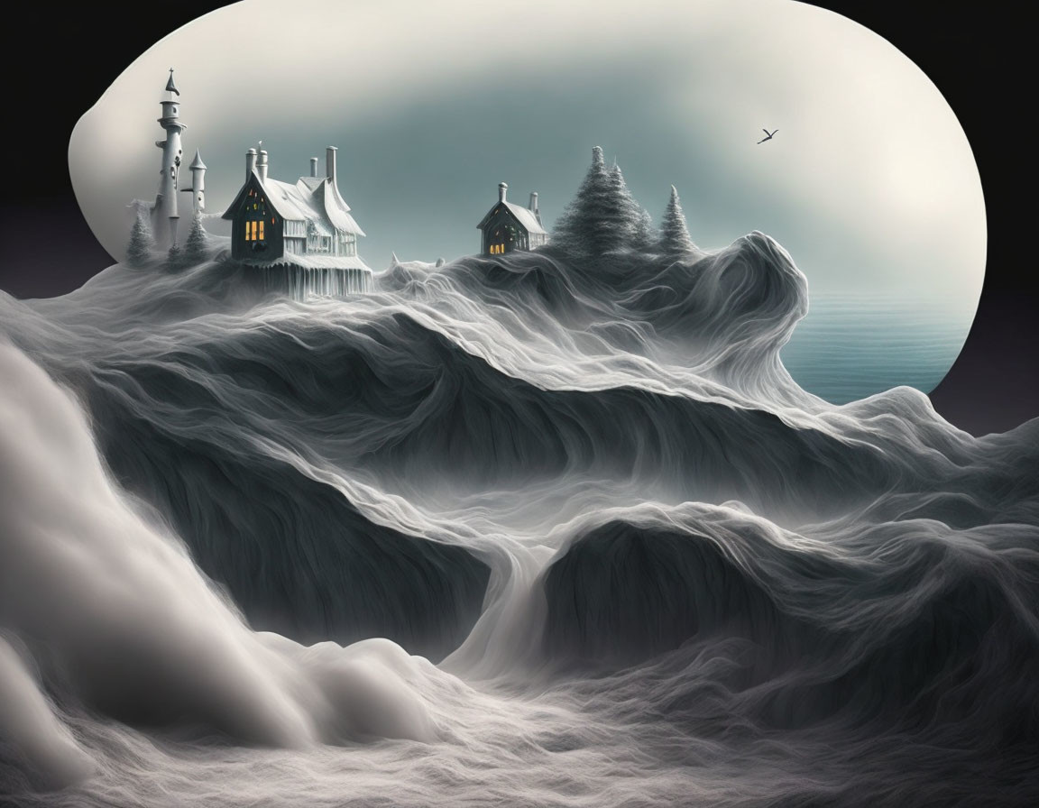 Surreal landscape with lighthouse, houses, cliffs, and bird in gray sky