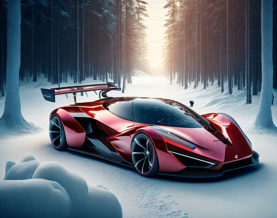 Red sports car on snowy forest road with tall pine trees