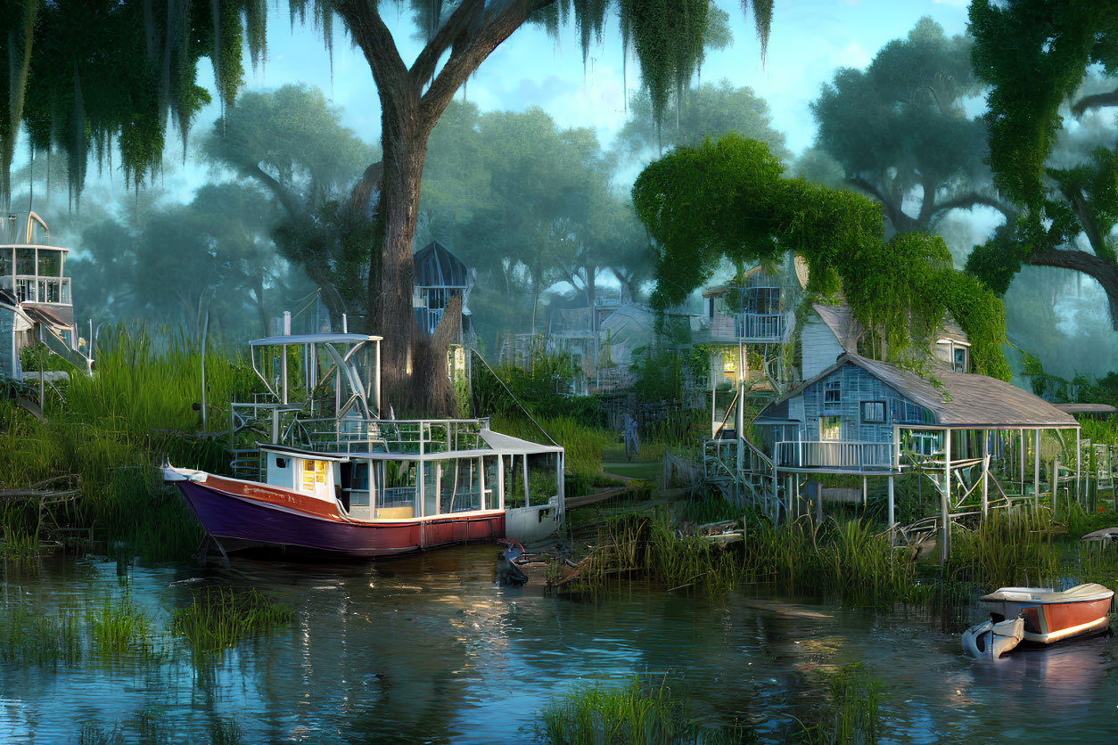 Tranquil riverside landscape with boat, greenery, and wooden houses