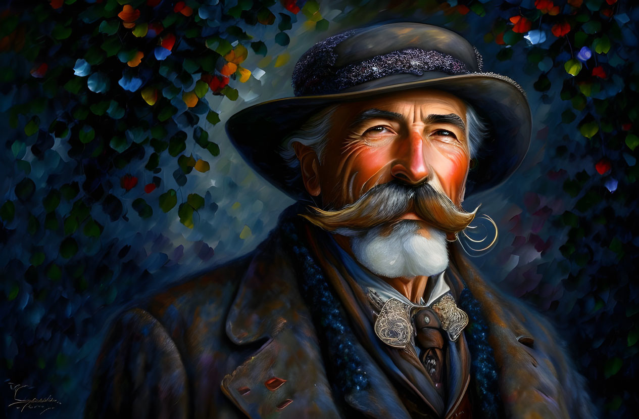 Elderly man portrait with stylized beard and hat against colorful backdrop