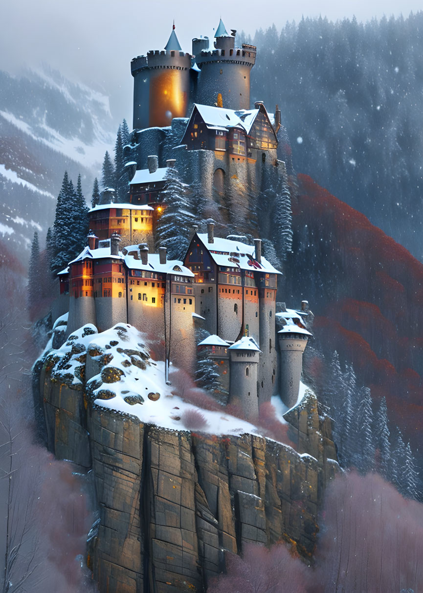 Majestic castle on cliff at dusk with snow-covered rooftops