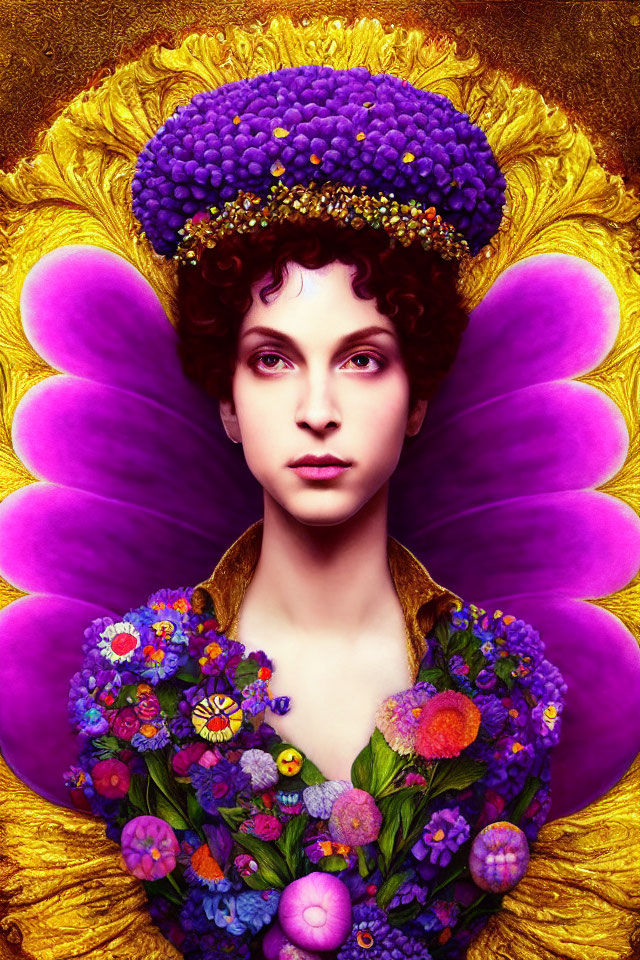 Surreal portrait of woman with floral hat and purple petal collar