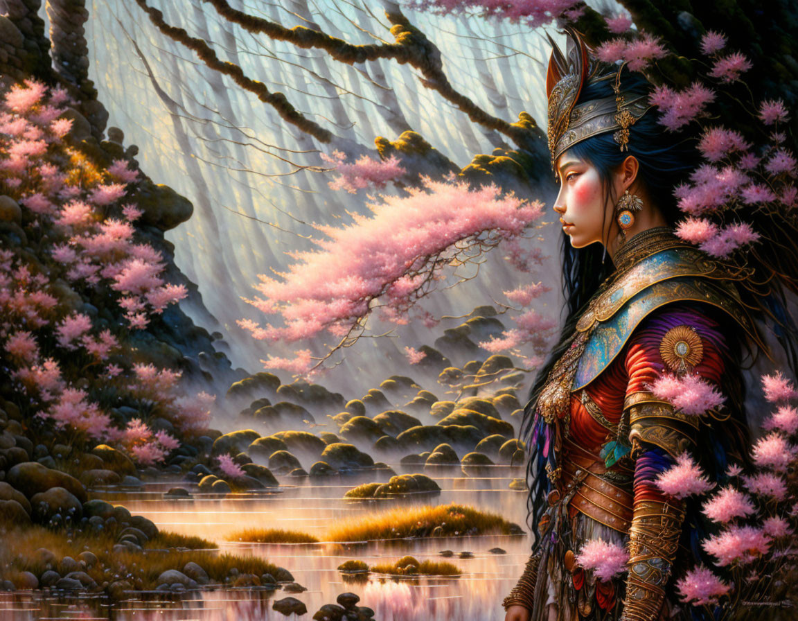 Warrior woman in ornate armor near cherry blossom tree by river