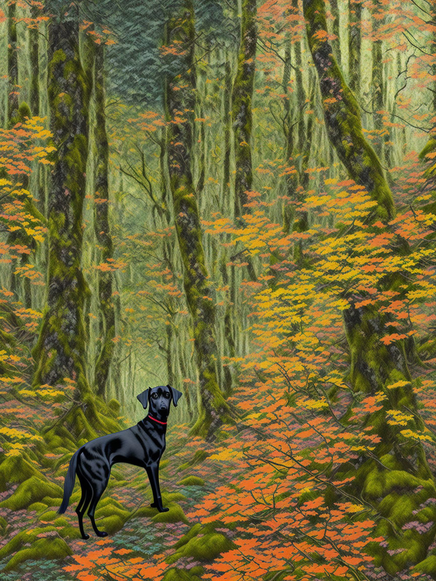 Black dog in autumn forest with moss-covered trees and orange leaves