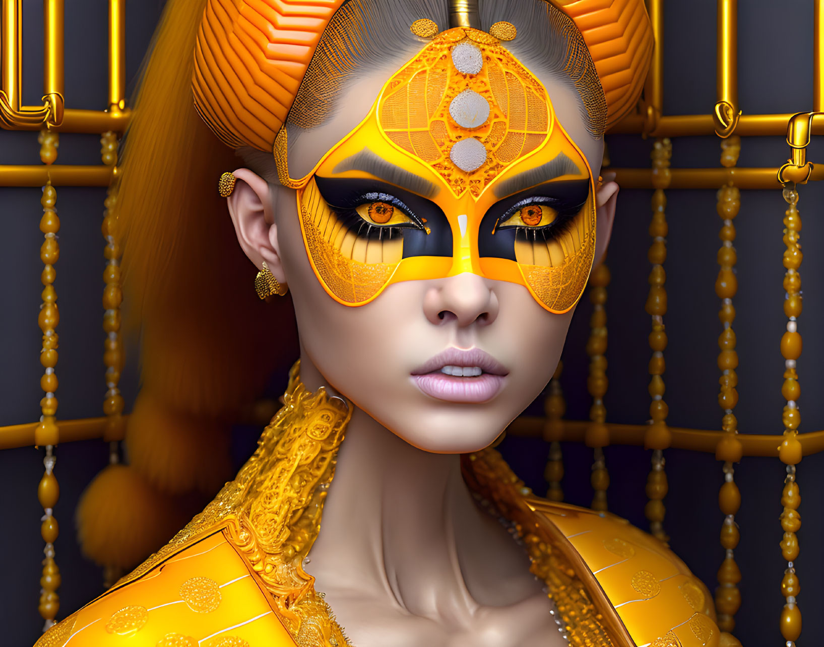 Regal woman with ornate gold and orange makeup and headdress