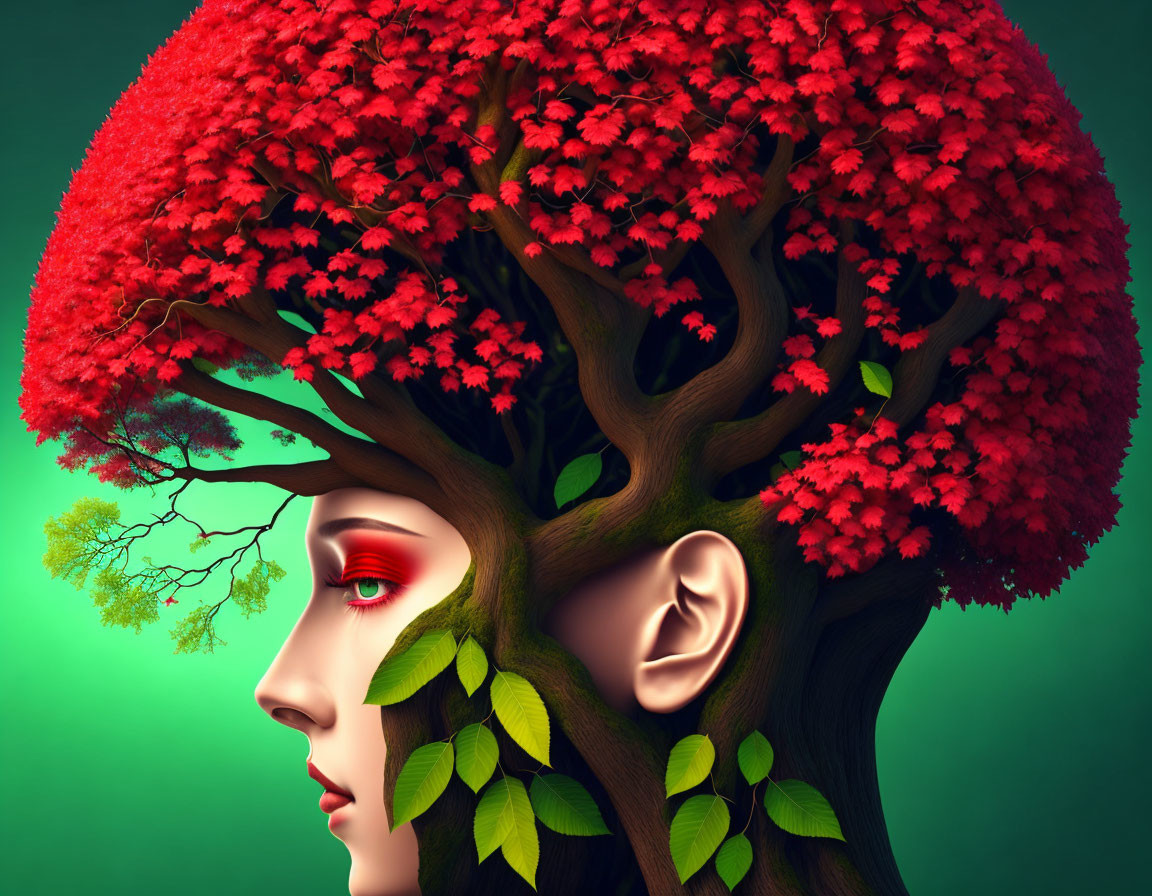 Female figure with tree hair, leaf beard, red blossoms on green background