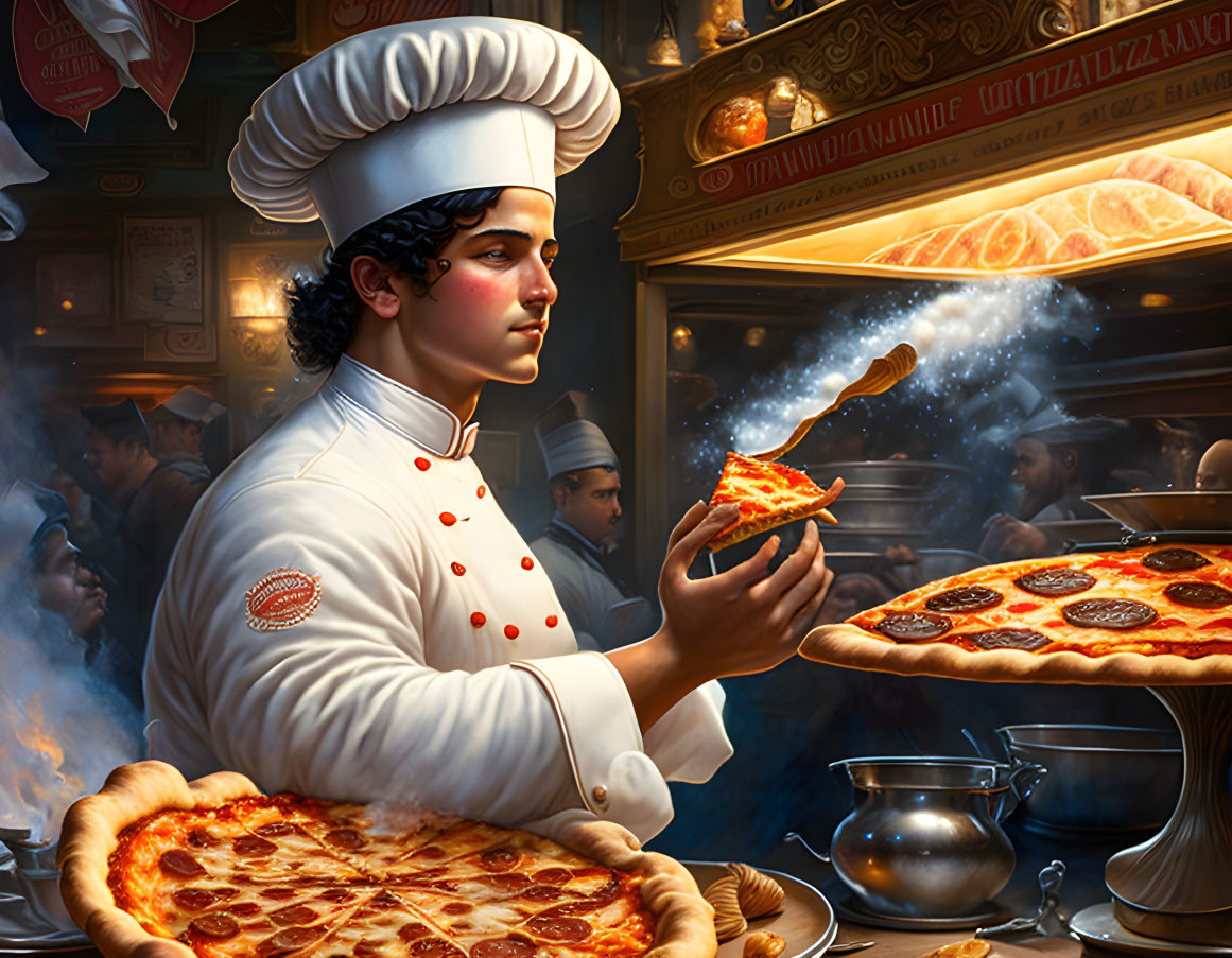 Chef tossing flaming pizza slice in busy pizzeria scene