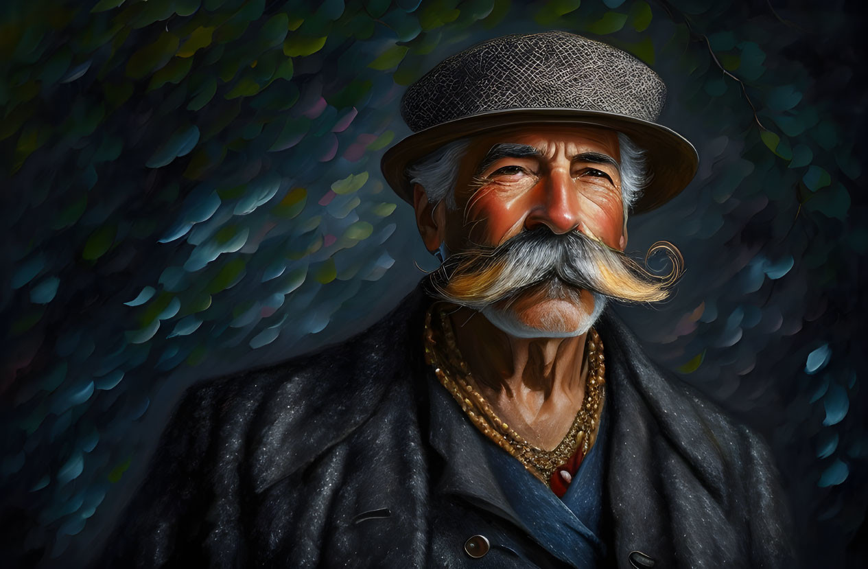 Elderly gentleman with distinguished mustache in flat cap and coat against colorful leaf-like patterns