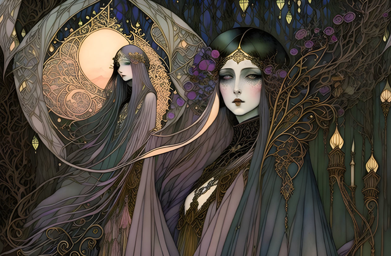 Mystical woman with pale skin in fantastical forest under full moon