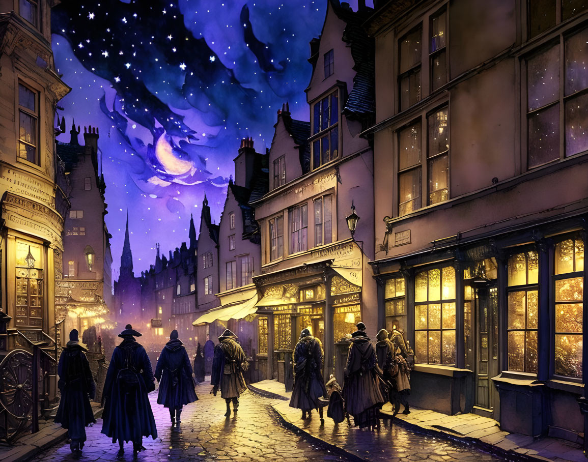 Enchanting starlit night scene on old-fashioned street with mystical elements