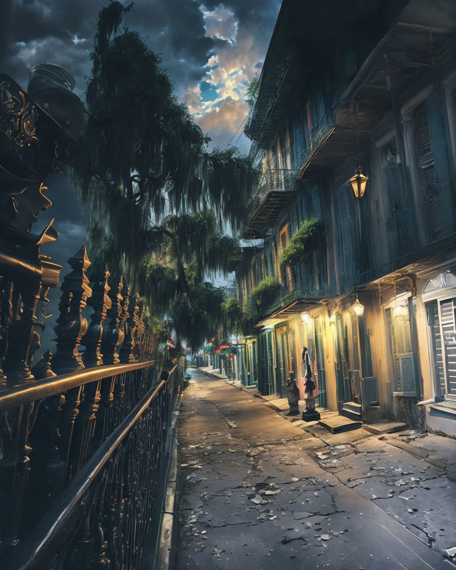 Twilight shot of old narrow street with historic buildings