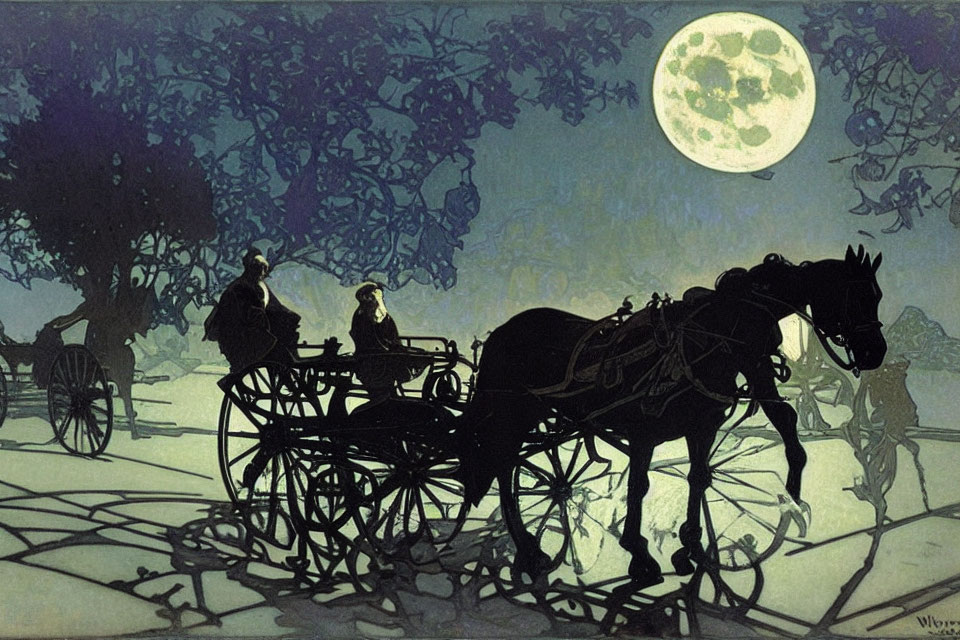 Moonlit Night Horse-Drawn Carriage with Silhouettes & Shadows