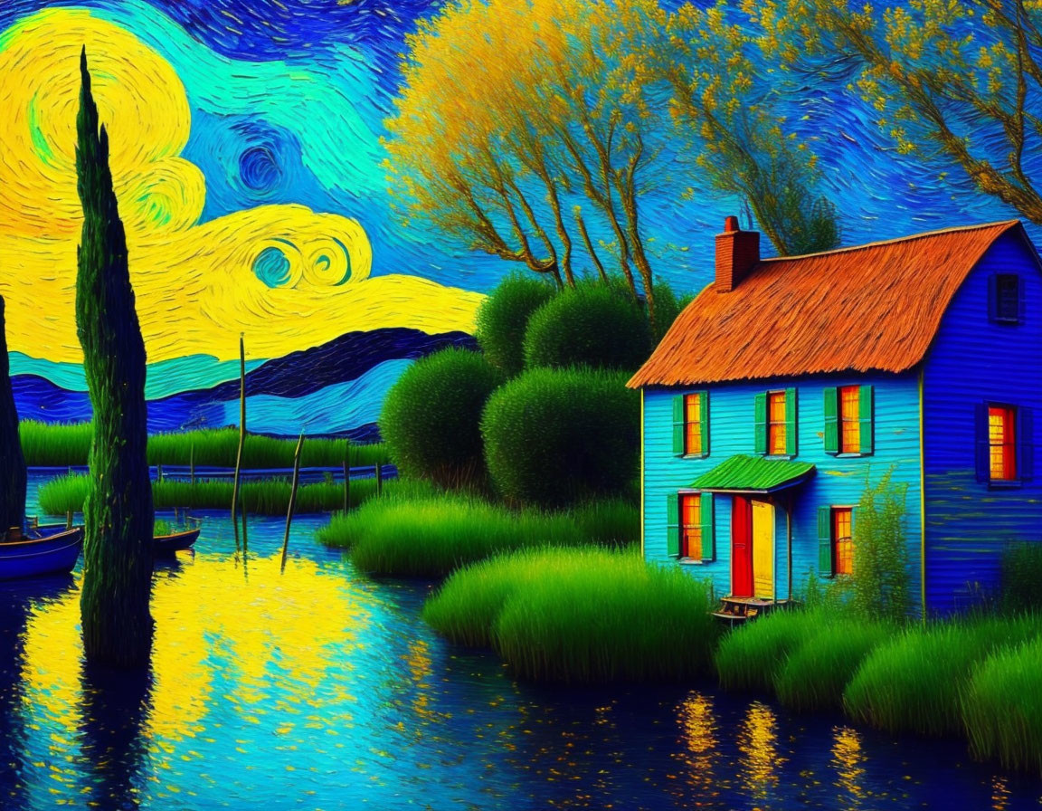 Vivid Van Gogh-style painting: Blue house, river, swirling skies, cypress tree,