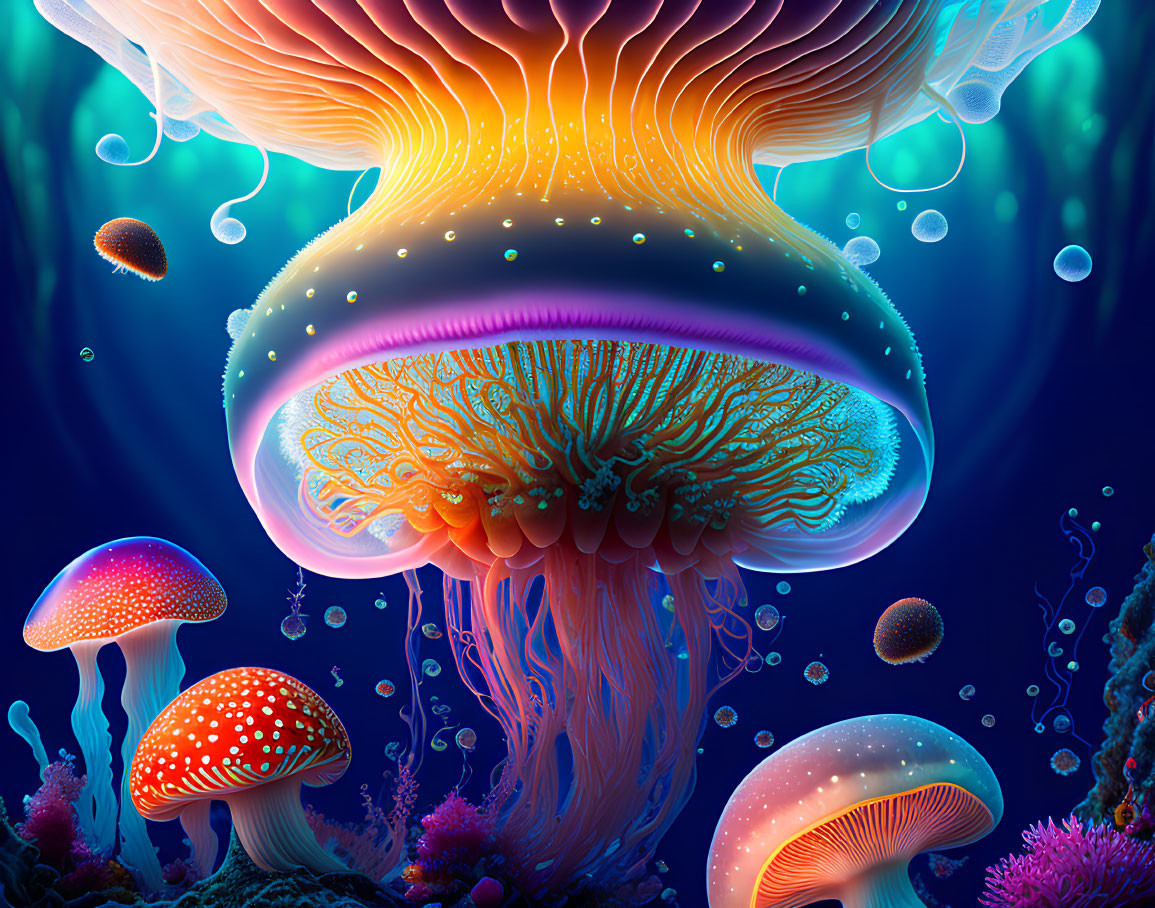 Detailed Bioluminescent Jellyfish Illustration in Vibrant Underwater Scene