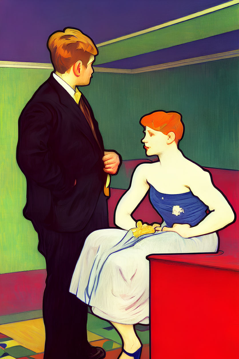 Illustration of man in black suit conversing with red-headed woman in blue dress on red chair against