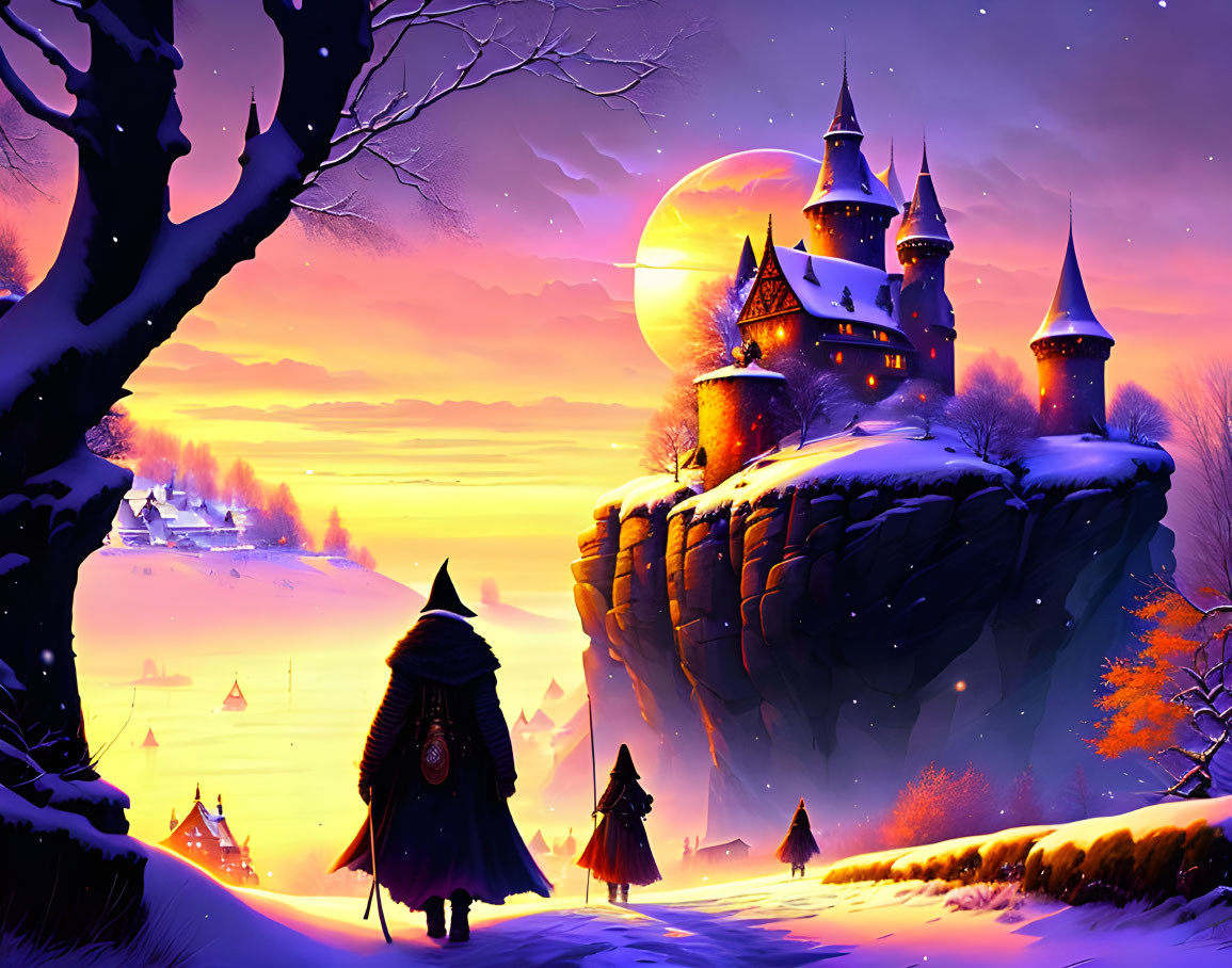 Winter fantasy art: Cloaked figure near castle on cliff in moonlit scene