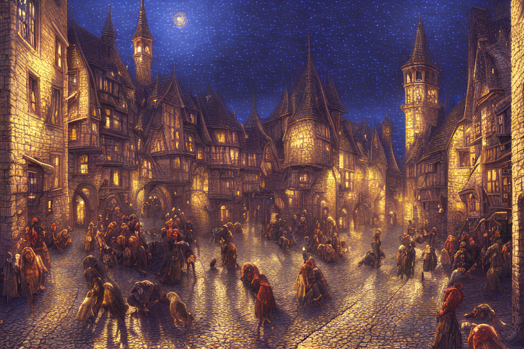 Medieval Night Street Scene with Townsfolk and Starry Sky