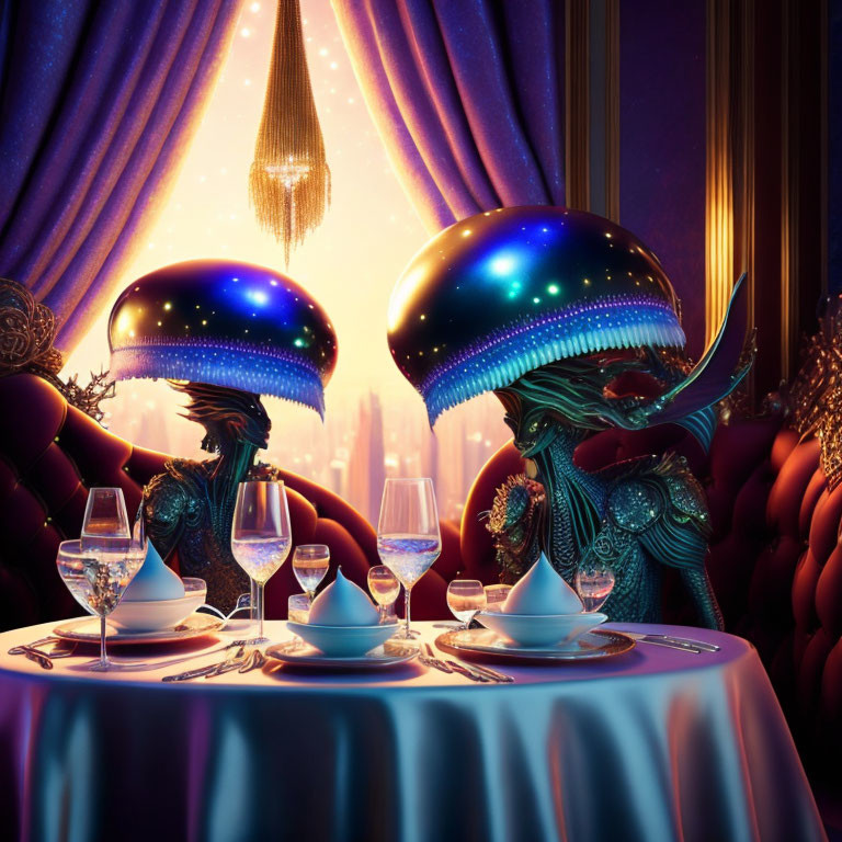 Elegant alien creatures at luxurious cosmic dining setup