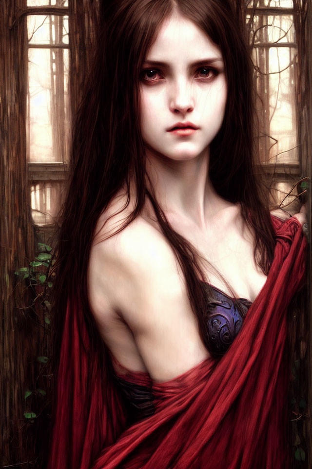 Digital painting of woman with long hair and red cloak in mystical forest setting