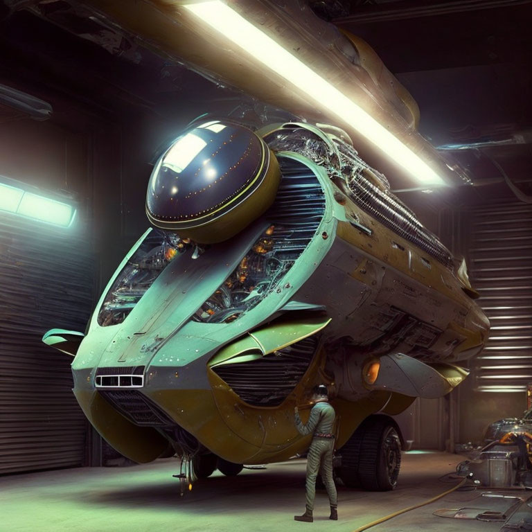 Futuristic spaceship in hangar with advanced design