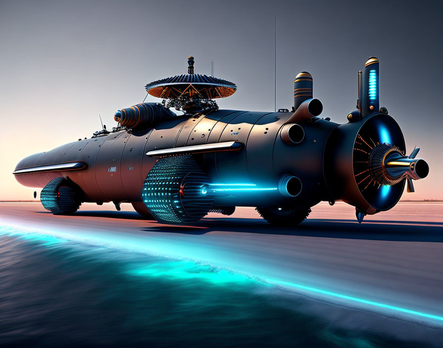 Advanced Futuristic Submarine with Elaborate Surface Detailing on Smooth Surface at Dusk