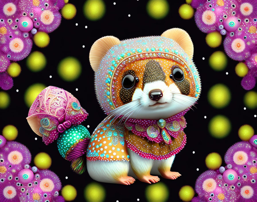 Colorful creature surrounded by patterned spheres on dark background