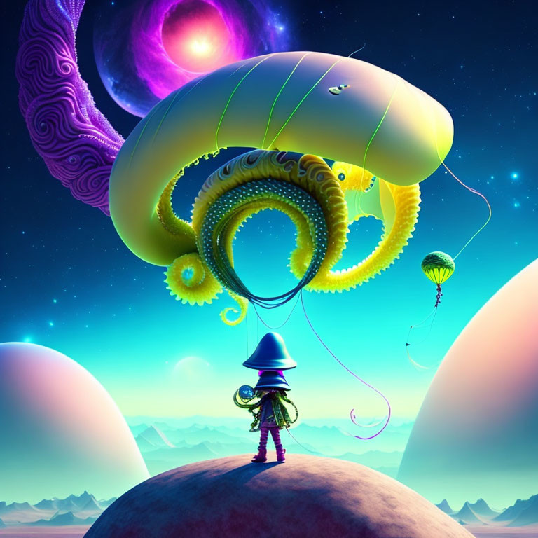 Digital artwork: Cloaked figure on planet with tentacles, balloons, starry sky.