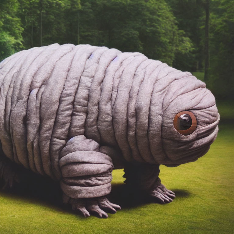 Whimsical oversized caterpillar-like creature in grassy field