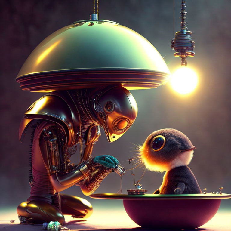 Robotic figure repairing small object with fluffy creature in warm scene