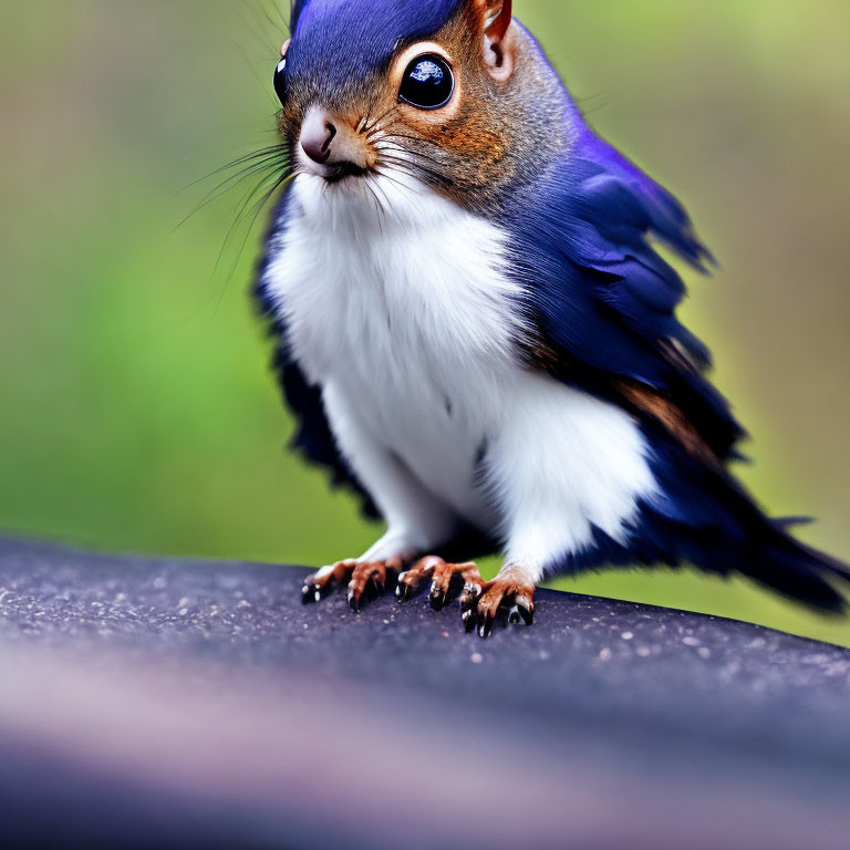 Whimsical creature with squirrel body and blue bird wings on a surface