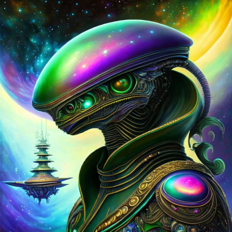 Colorful digital artwork: alien in reflective helmet and intricate armor against cosmic backdrop with spaceship