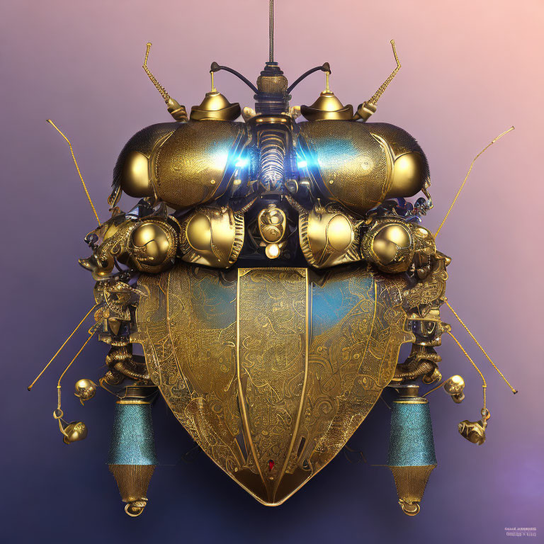 Digital artwork of beetle-shaped airship with gold and blue designs on purple background.