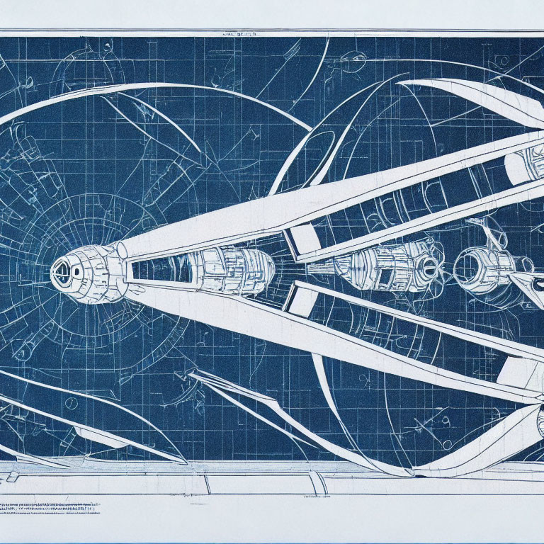 Detailed Spacecraft Blueprint: Propulsion and Design Schematics on Blue Background