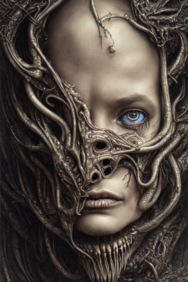 Portrait of a woman with intricate vine-like patterns and striking blue eye