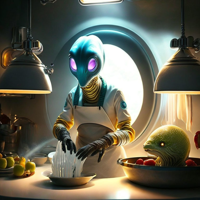 Alien chef washing vegetables in futuristic kitchen with another alien creature among fruits